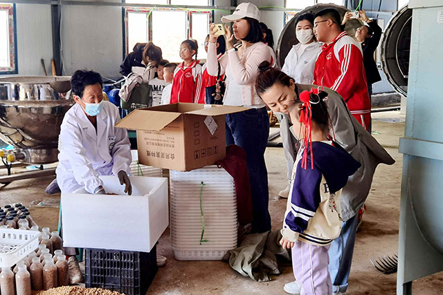 孩子们走进种植基地开展实地研学，近距离学习食用菌种植知识。