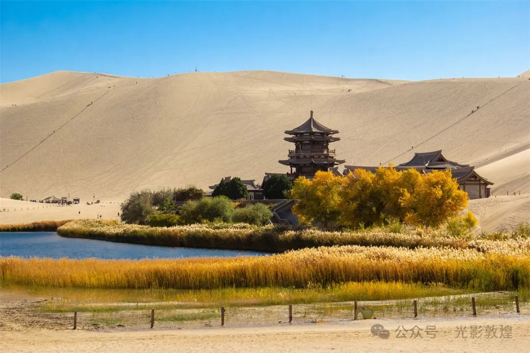 秋天的鸣沙山,在阳光的照耀下,沙子呈现出更加耀眼的金黄色.